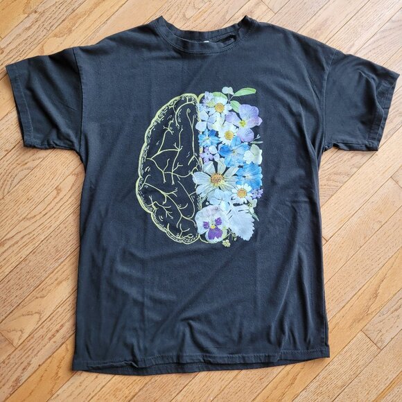 Brain Anatomy T Shirt Medical Mental Health Awareness Pressed Flower Art - Picture 1 of 9